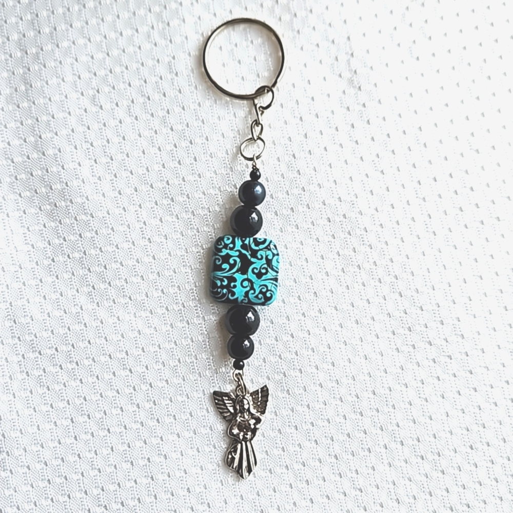 Hand Crafted Silver Angel Black Blue Beaded Keychain